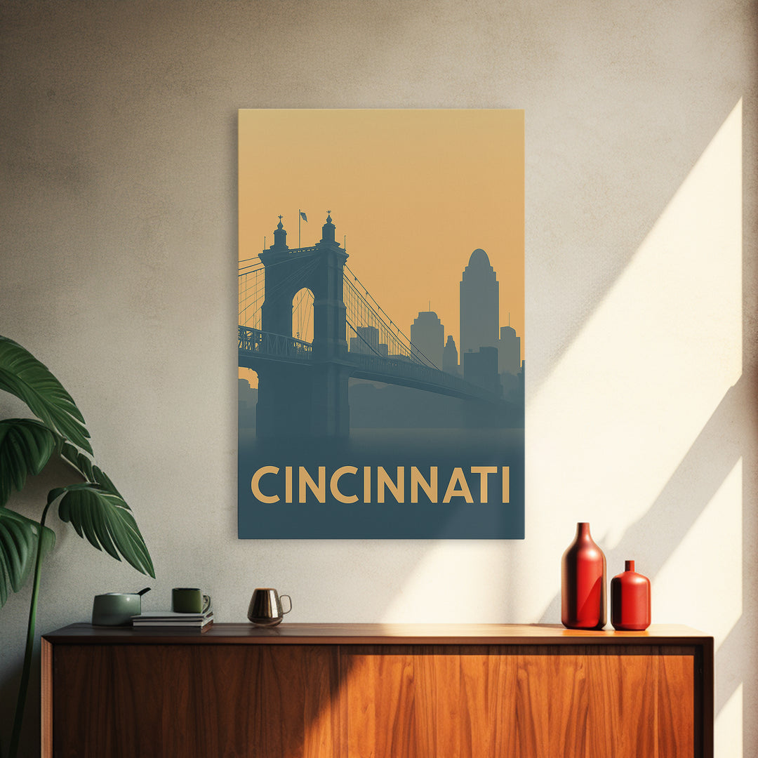 Cincinnati Travel Poster, Framed Canvas Print, Minimalist Retro Wall Art, Cincinnati Wall Art, Vintage Travel Print, Travel Poster Art