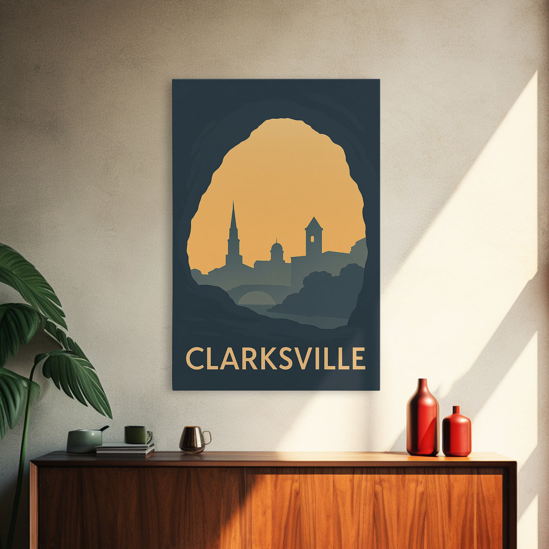 Clarksville Tennessee Travel Poster, Canvas Print, Sunset Skyline Wall Art, Clarksville Wall Art, City Travel Prints, Mid Century Wall Art