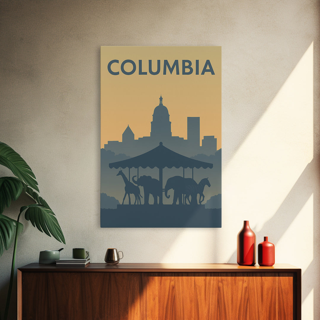 Columbia Travel Poster, Framed Canvas Print, Vintage City Poster Art, Columbia Travel Art, Mid Century Wall Art, Retro Travel Print