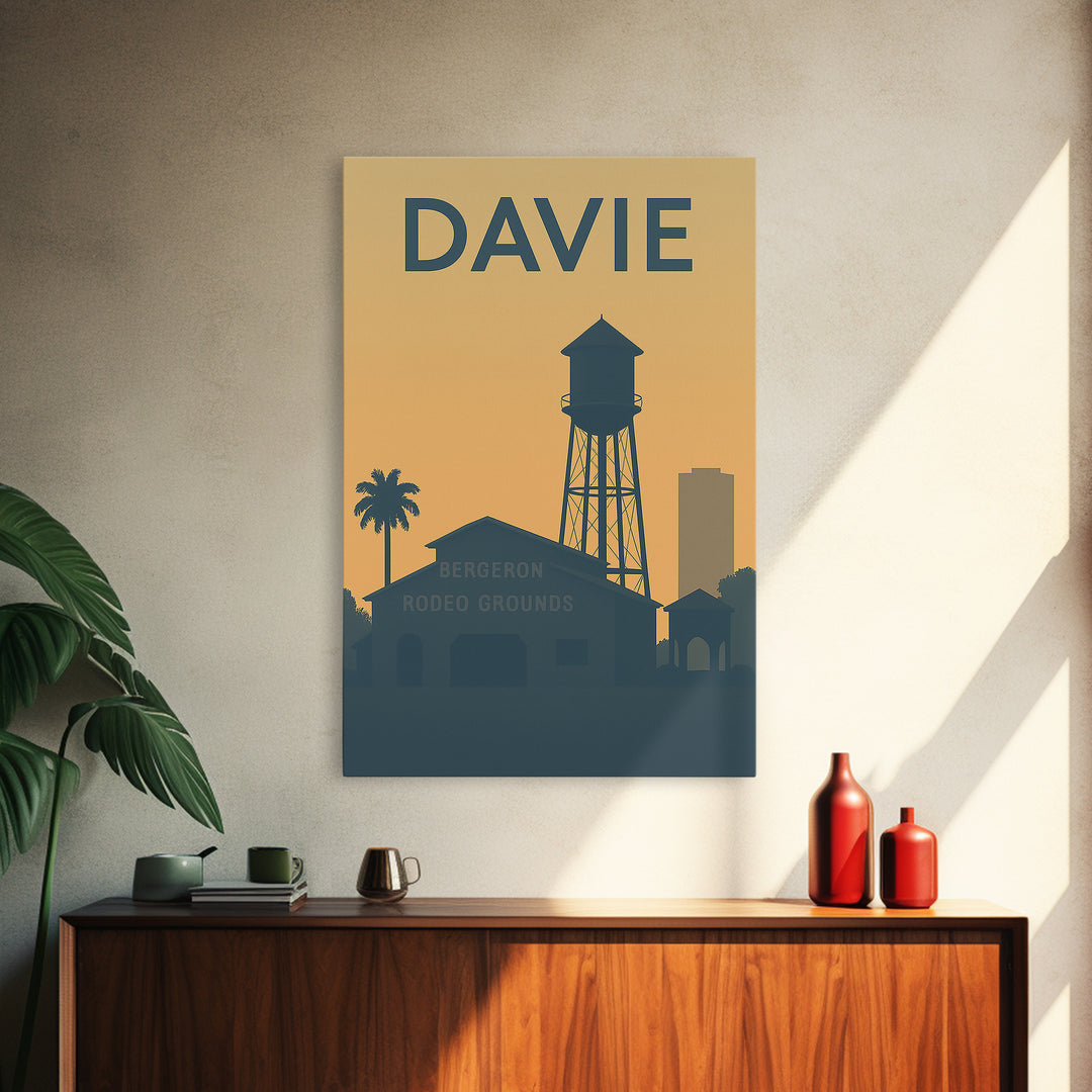 Davie Florida Travel Poster, Framed Canvas Print, Sunset Skyline Wall Art, Davie Art Print, Mid Century Wall Art, City Travel Prints