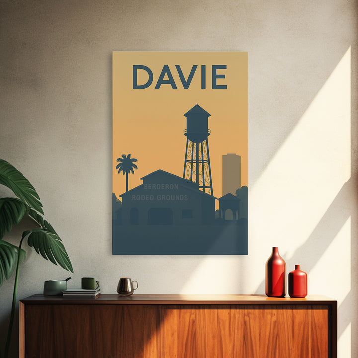 Davie Florida Travel Poster, Framed Canvas Print, Sunset Skyline Wall Art, Davie Art Print, Mid Century Wall Art, City Travel Prints