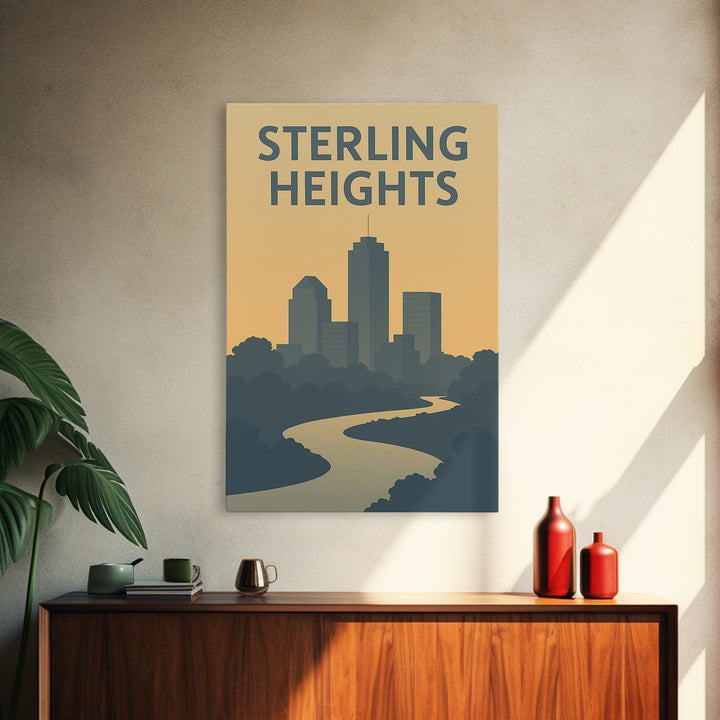 Sterling Heights Travel Poster, Canvas Print, Sunset Skyline Wall Art, Sterling Heights Travel Art, Watercolor Urban Skyline, Office Decor