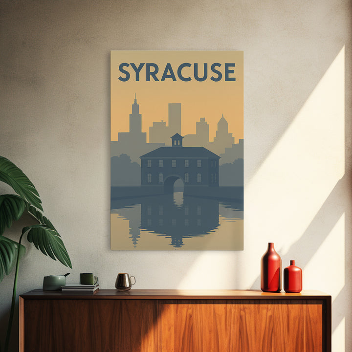 Syracuse New York Travel Poster, Framed Canvas Print, Sunset Skyline Wall Art, Syracuse City Art, Retro Travel Print, Modern Wall Decor