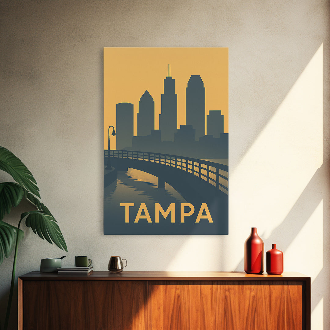 Tampa Florida Travel Poster, Framed Canvas Print, Mid Century Travel Art, Tampa Travel Art, Mid Century Wall Art, Watercolor City Skyline