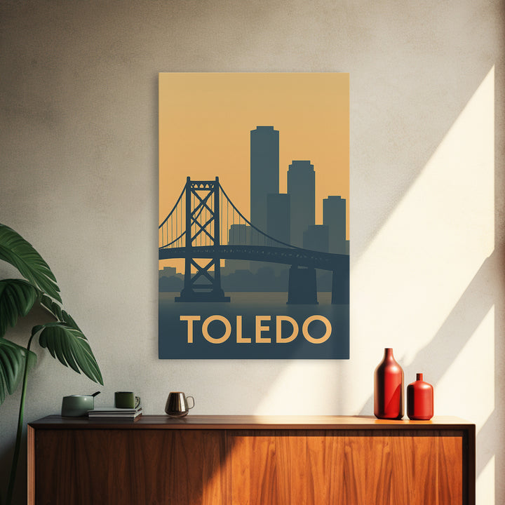 Toledo Ohio Travel Poster, Canvas Print, Retro Wall Art, Toledo Wall Art, Watercolor Cityscape, City Travel Prints, Retro Travel Print