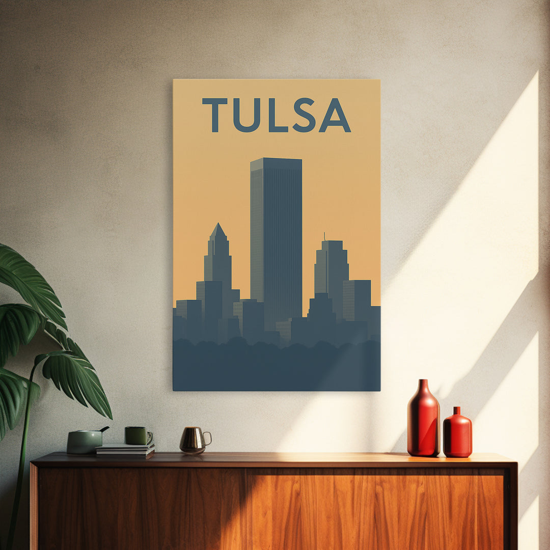 Tulsa Travel Poster, Framed Canvas Print, Sunset Skyline Wall Art, Tulsa Art Print, City Travel Prints, Wanderlust Decor, Travel Wall Decor