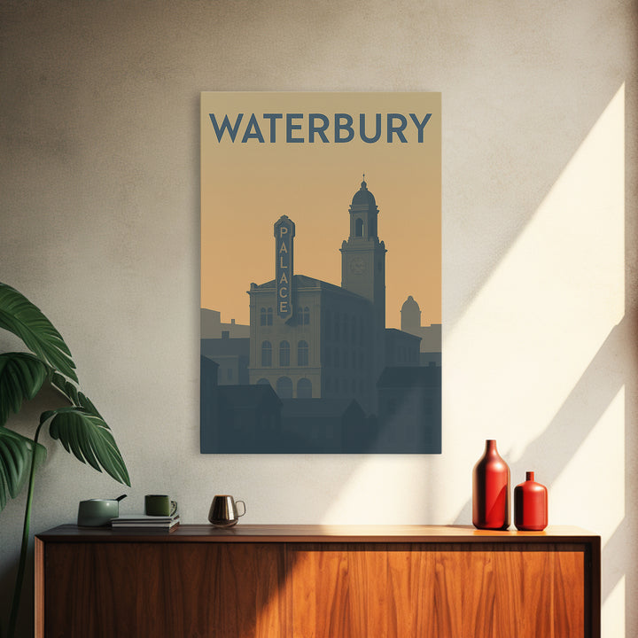 Waterbury Travel Poster, Framed Canvas Print, Minimalist Retro Wall Art, Waterbury Poster Print, Retro Travel Print, Modern Wall Decor