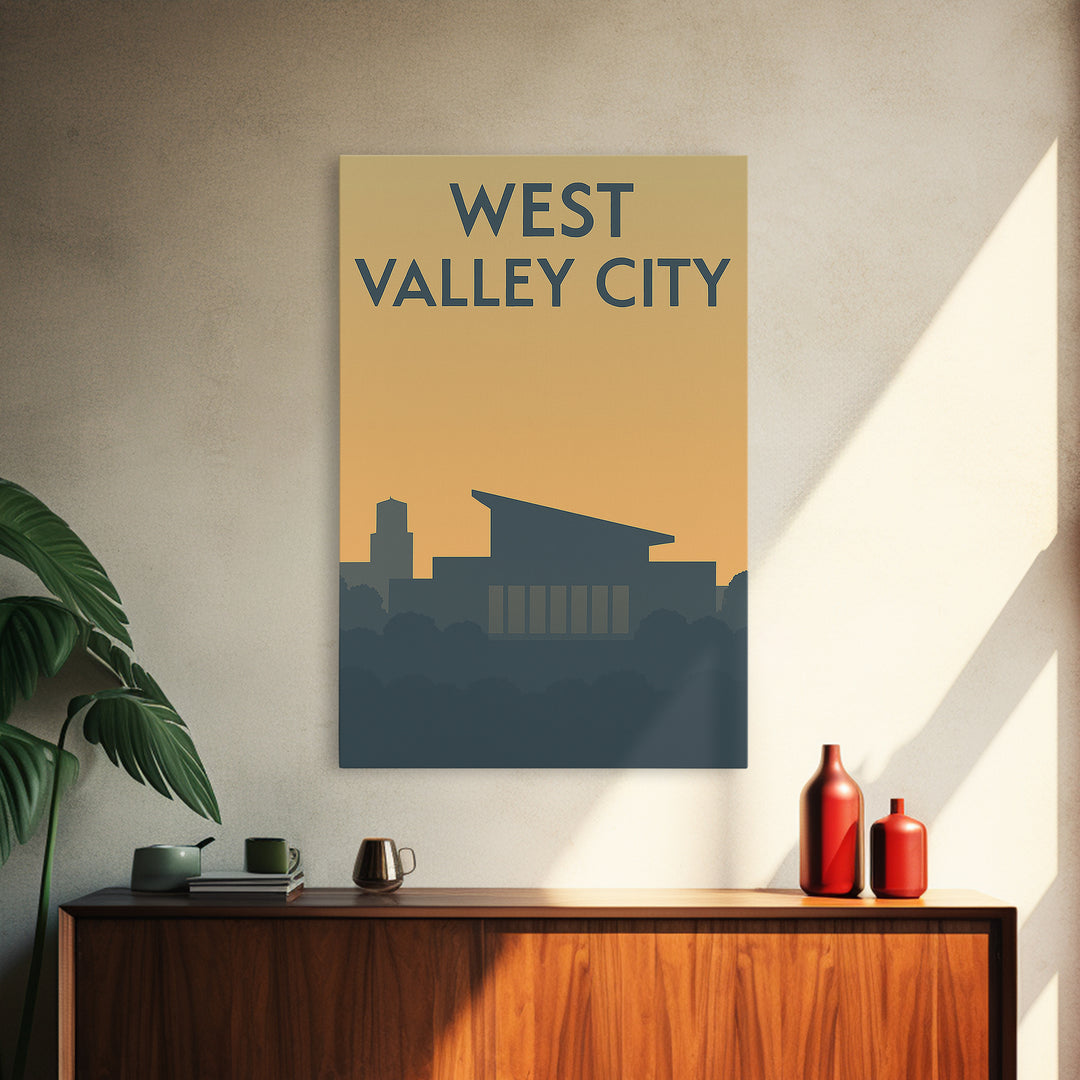 West Valley City Travel Poster, Framed Canvas Print, Minimalist Retro Wall Art, West Valley City City Art, Watercolor Downtown Skyline