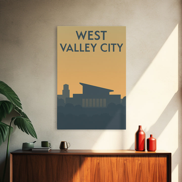 West Valley City Travel Poster, Framed Canvas Print, Minimalist Retro Wall Art, West Valley City City Art, Watercolor Downtown Skyline