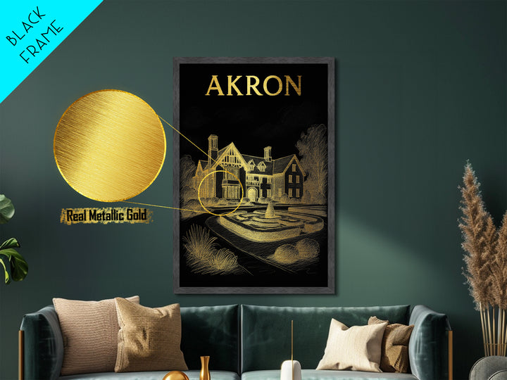 Akron Ohio travel, Metallic Gold Art, Modern House Art, Metal Art, Wood Framed Art, Traveler Gift, Destination Gift