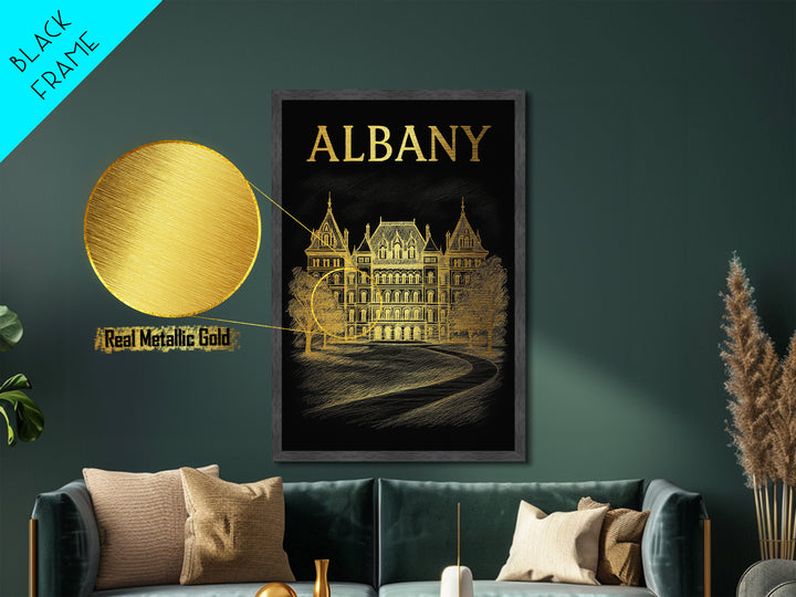 Albany New York travel, Metallic Gold Art, College Dorm Décor, Metal Art, Wood Framed Art, Graduation Travel Gift, Travel Gift