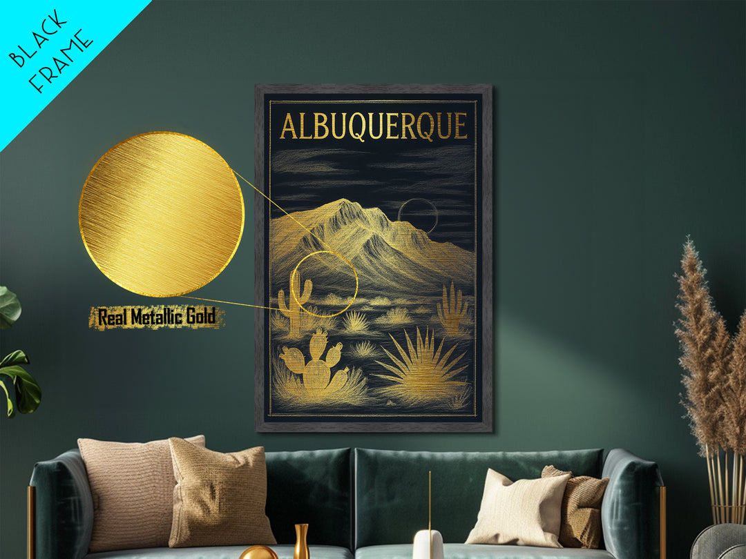 Albuquerque New Mexico travel, Metallic Gold Art, Modern Skyline Wall Print, Metal Art, Wood Framed Art, Travel Gift, Adventure Lover Gift