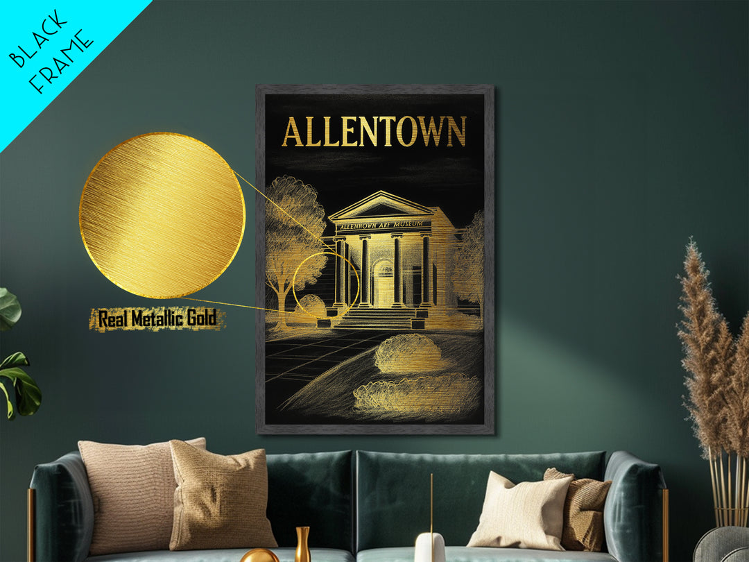 Allentown Pennsylvania travel, Metallic Gold Art, Modern House Art, Metal Art, Wood Framed Art, Traveler Gift, Destination Gift
