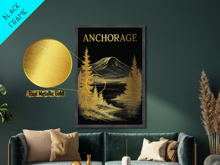 Anchorage Alaska travel, Metallic Gold Art, Modern Skyline Wall Print, Metal Art, Wood Framed Art, Adventure Lover Gift, Travel Gift