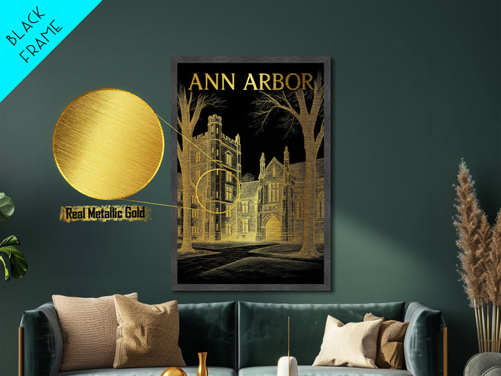Ann Arbor Michigan travel, Metallic Gold Art, Modern House Art, Metal Art, Wood Framed Art, Wanderlust Gift, Travel Art Prints