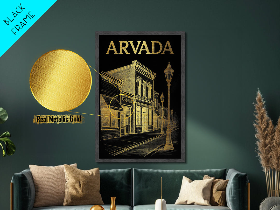 Arvada Colorado travel, Metallic Gold Art, Modern Skyline Wall Print, Metal Art, Wood Framed Art, Adventure Lover Gift, Travel Gift