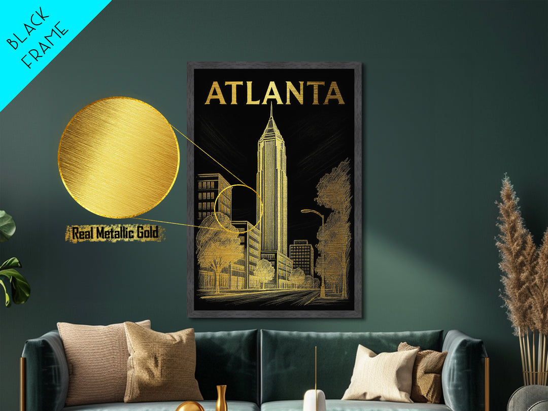 Atlanta Georgia travel, Metallic Gold Art, Modern House Art, Metal Art, Wood Framed Art, Wanderlust Gift, Travel Art Prints