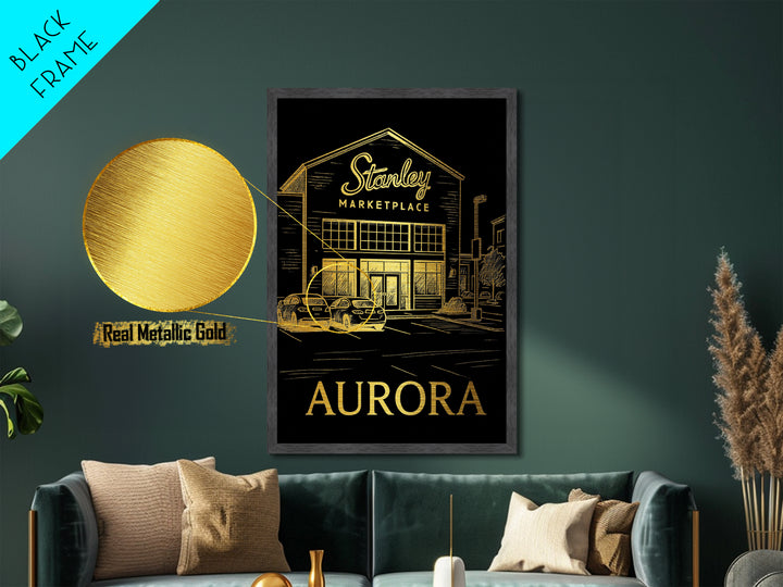 Aurora Illinois travel, Metallic Gold Art, Modern Skyline Wall Print, Metal Art, Wood Framed Art, Adventure Lover Gift, Travel Gift