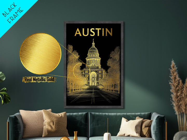 Austin Texas art, Metallic Gold Print, Office Decor, Metal Art, Wood Framed Art, Graduation Travel Gift, Destination Gift