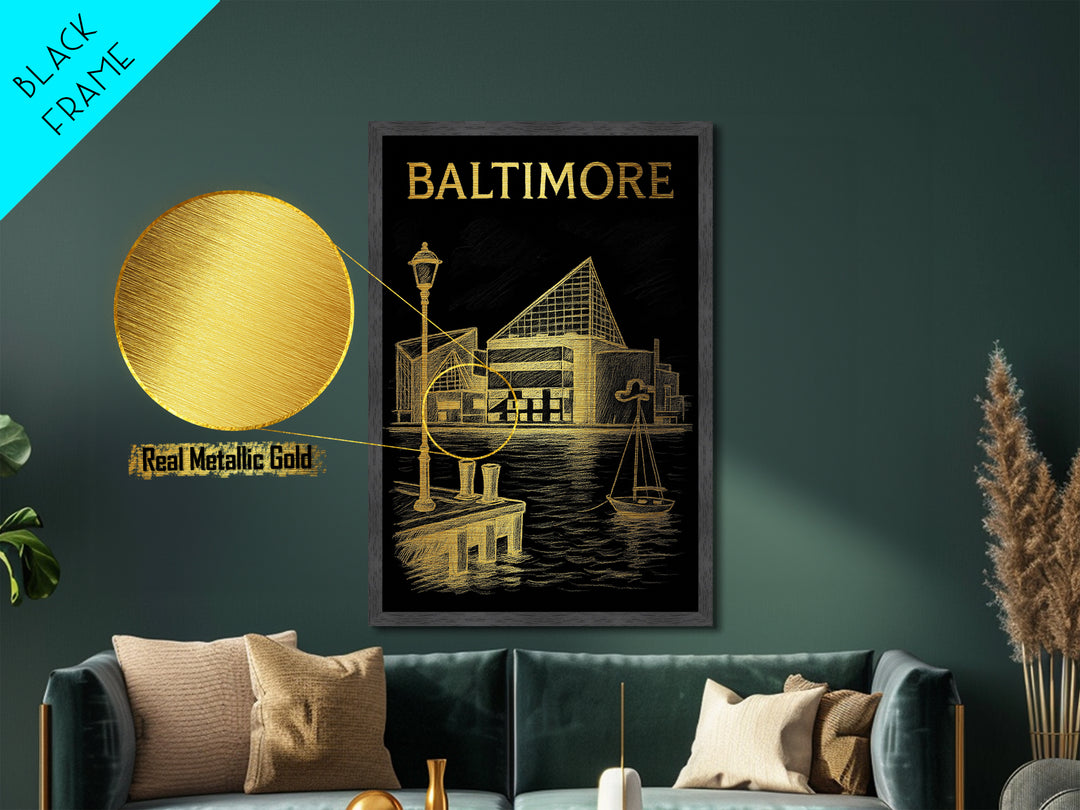 Baltimore Maryland travel, Metallic Gold Print, Modern House Art, Metal Art, Wood Framed Art, Traveler Gift, Destination Gift