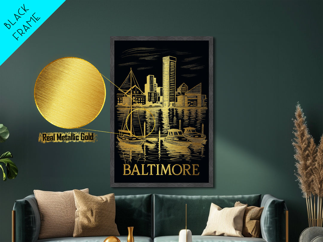 Baltimore Maryland art, Metallic Gold Art, Best Friend Gifts, Metal Art, Wood Framed Art, Birthday Travel Gift, Graduation Travel Gift