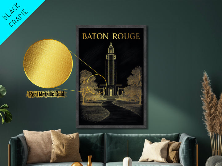 Baton Rouge Louisiana travel, Metallic Gold Print, College Dorm Décor, Metal Art, Wood Framed Art, Graduation Travel Gift, Travel Gift