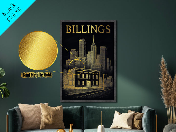 Billings Montana travel, Metallic Gold Print, Modern Skyline Wall Print, Metal Art, Wood Framed Art, Adventure Lover Gift, Travel Gift