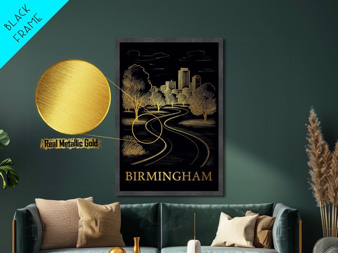 Birmingham Alabama art, Metallic Gold Art, Office Decor, Metal Art, Wood Framed Art, Graduation Travel Gift, Destination Gift