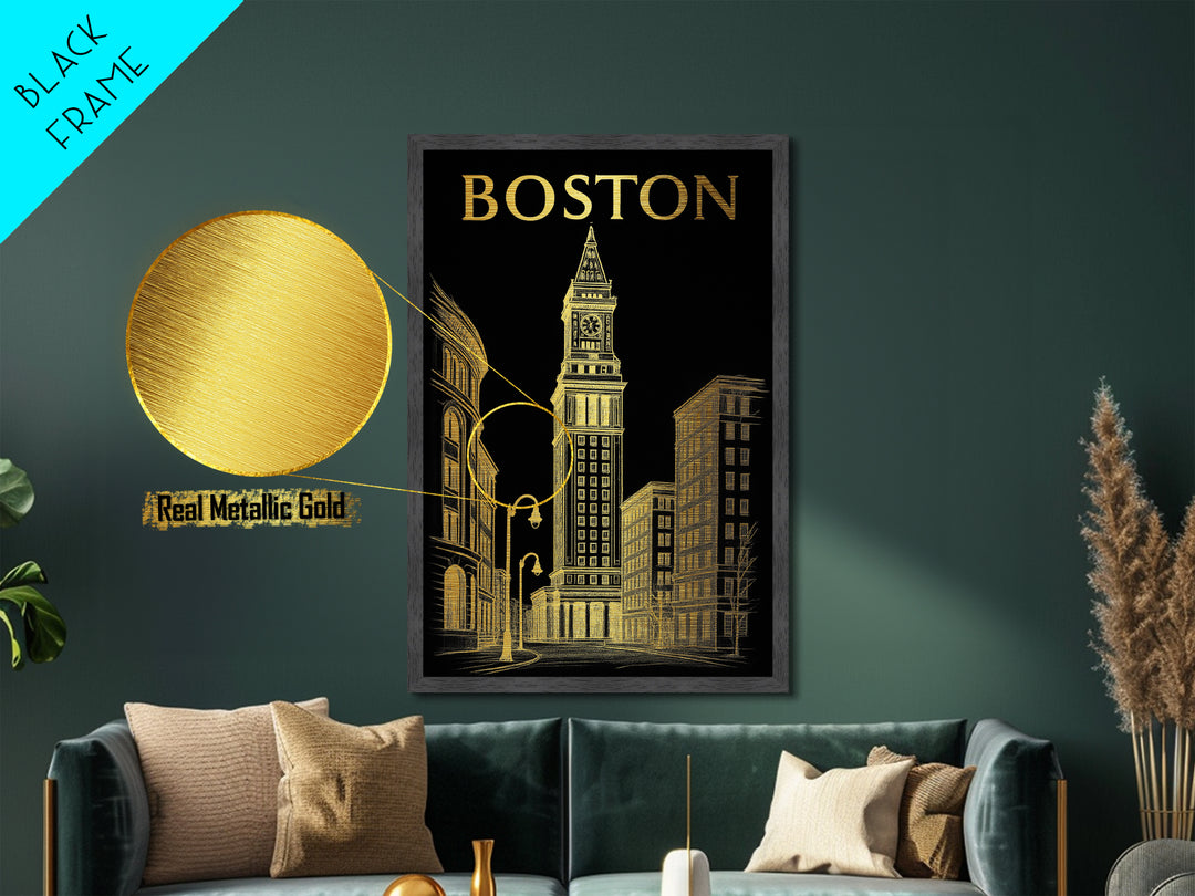 Boston Massachusetts travel, Metallic Gold Print, Modern House Art, Metal Art, Wood Framed Art, Traveler Gift, Destination Gift