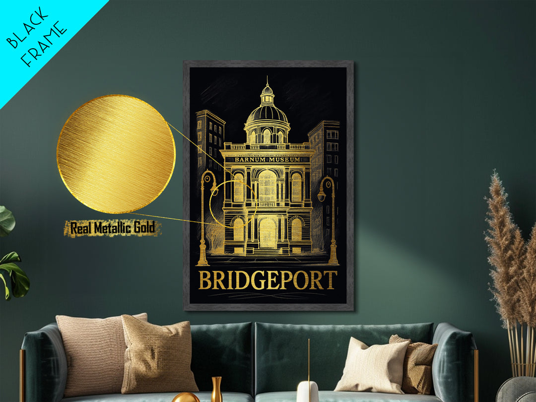 Bridgeport Connecticut art, Metallic Gold Art, Housewarming Gift, Metal Art, Wood Framed Art, Newlywed Travel Gift, Honeymoon Gift