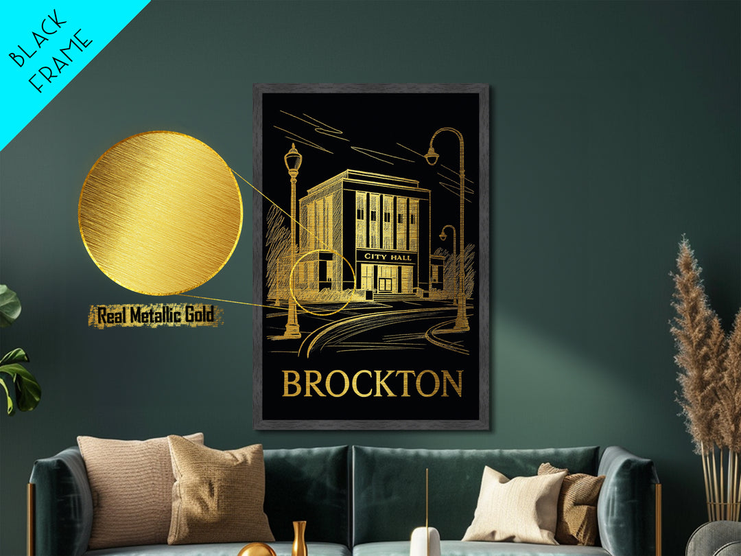 Brockton Massachusetts art, Metallic Gold Art, Office Decor, Metal Art, Wood Framed Art, Graduation Travel Gift, Destination Gift