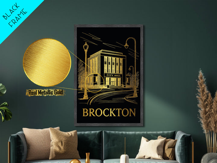 Brockton Massachusetts art, Metallic Gold Art, Office Decor, Metal Art, Wood Framed Art, Graduation Travel Gift, Destination Gift