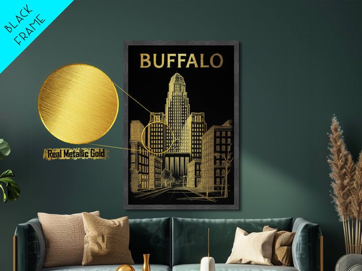 Buffalo New York travel, Metallic Gold Print, Modern Skyline Wall Print, Metal Art, Wood Framed Art, Adventure Lover Gift, Travel Gift
