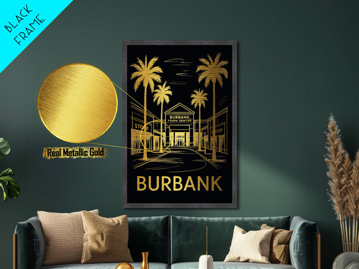 Burbank California art, Metallic Gold Art, Office Decor, Metal Art, Wood Framed Art, Graduation Travel Gift, Destination Gift