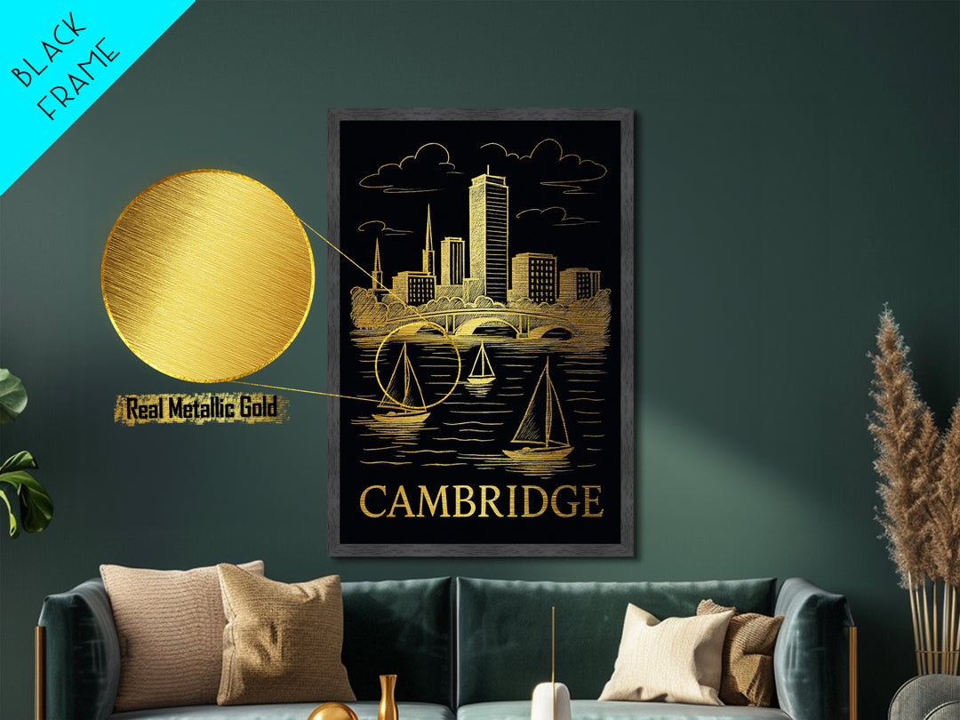 Cambridge Massachusetts art, Metallic Gold Art, Travel Art Prints, Metal Art, Wood Framed Art, Adventure Lover Gift, Traveler Gift