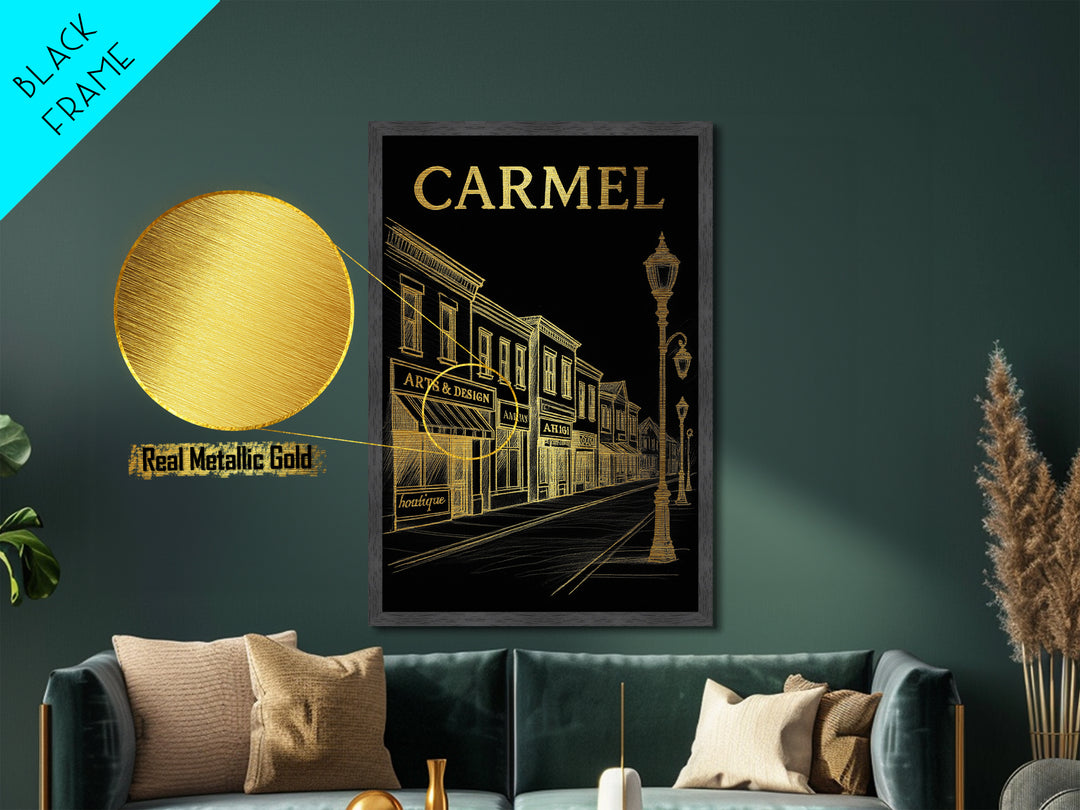 Carmel Indiana travel, Metallic Gold Print, Modern Skyline Wall Print, Metal Art, Wood Framed Art, Adventure Lover Gift, Travel Gift