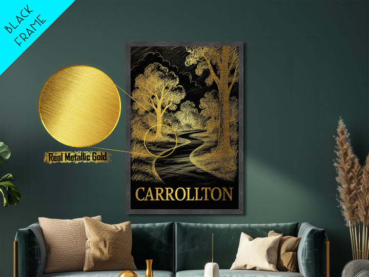 Carrollton Texas art, Metallic Gold Art, Office Decor, Metal Art, Wood Framed Art, Graduation Travel Gift, Destination Gift