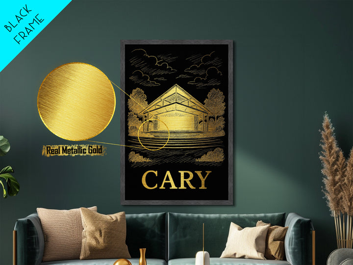 Cary North Carolina art, Metallic Gold Art, Travel Art Prints, Metal Art, Wood Framed Art, Adventure Lover Gift, Traveler Gift