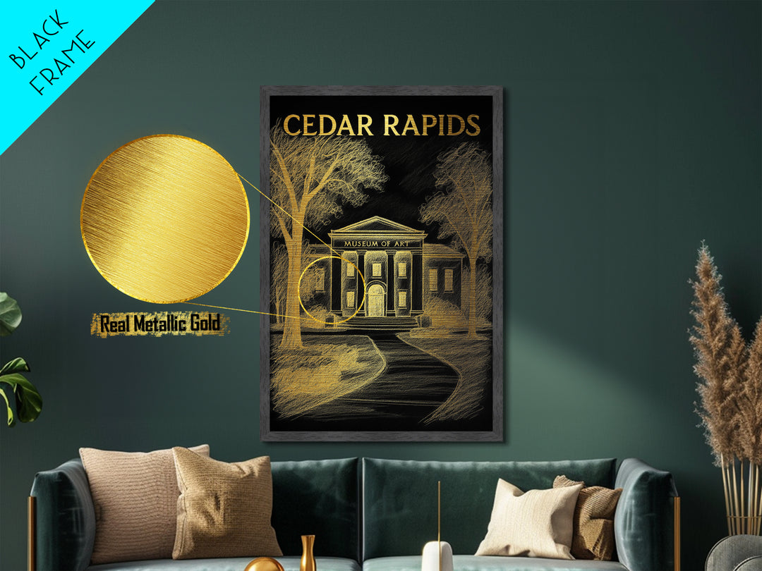 Cedar Rapids Iowa travel, Metallic Gold Print, Modern House Art, Metal Art, Wood Framed Art, Traveler Gift, Destination Gift