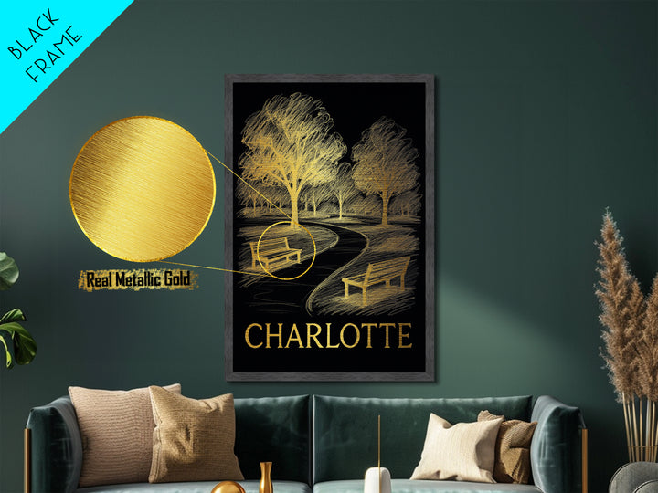 Charlotte North Carolina art, Metallic Gold Art, Travel Art Prints, Metal Art, Wood Framed Art, Wanderlust Gift, Adventure Lover Gift