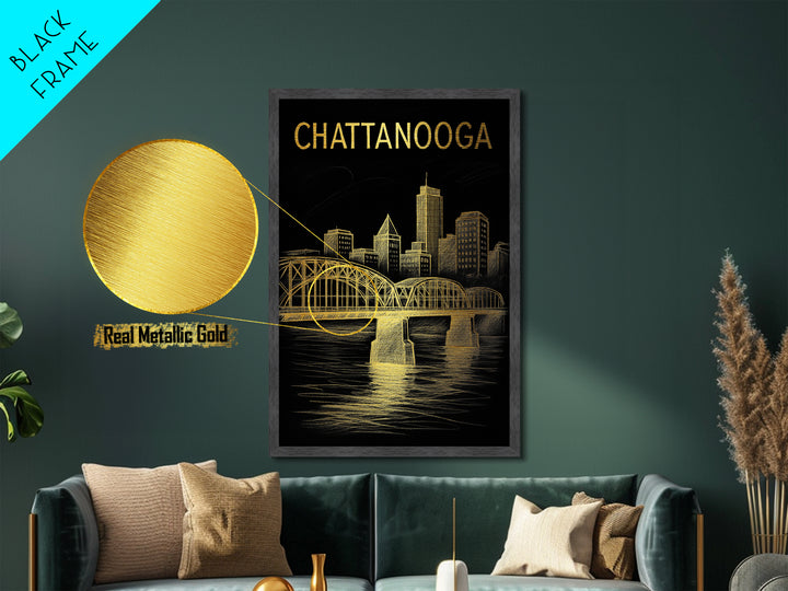 Chattanooga Tennessee travel, Metallic Gold Print, Modern House Art, Metal Art, Wood Framed Art, Traveler Gift, Destination Gift