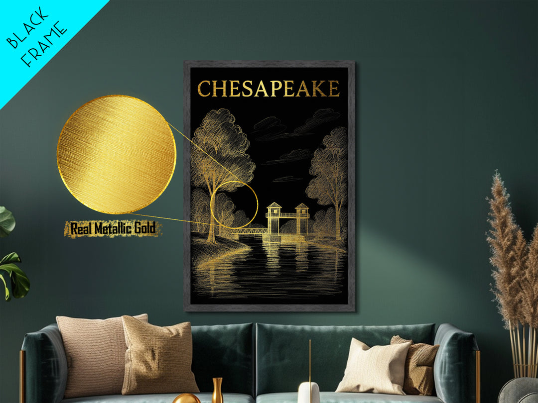 Chesapeake Virginia travel, Metallic Gold Print, College Dorm Décor, Metal Art, Wood Framed Art, Graduation Travel Gift, Traveler Gift