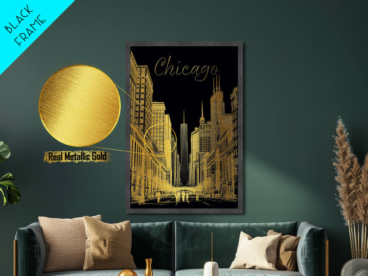 Chicago Illinois art, Metallic Gold Art, Housewarming Gift, Metal Art, Wood Framed Art, Newlywed Travel Gift, Honeymoon Gift