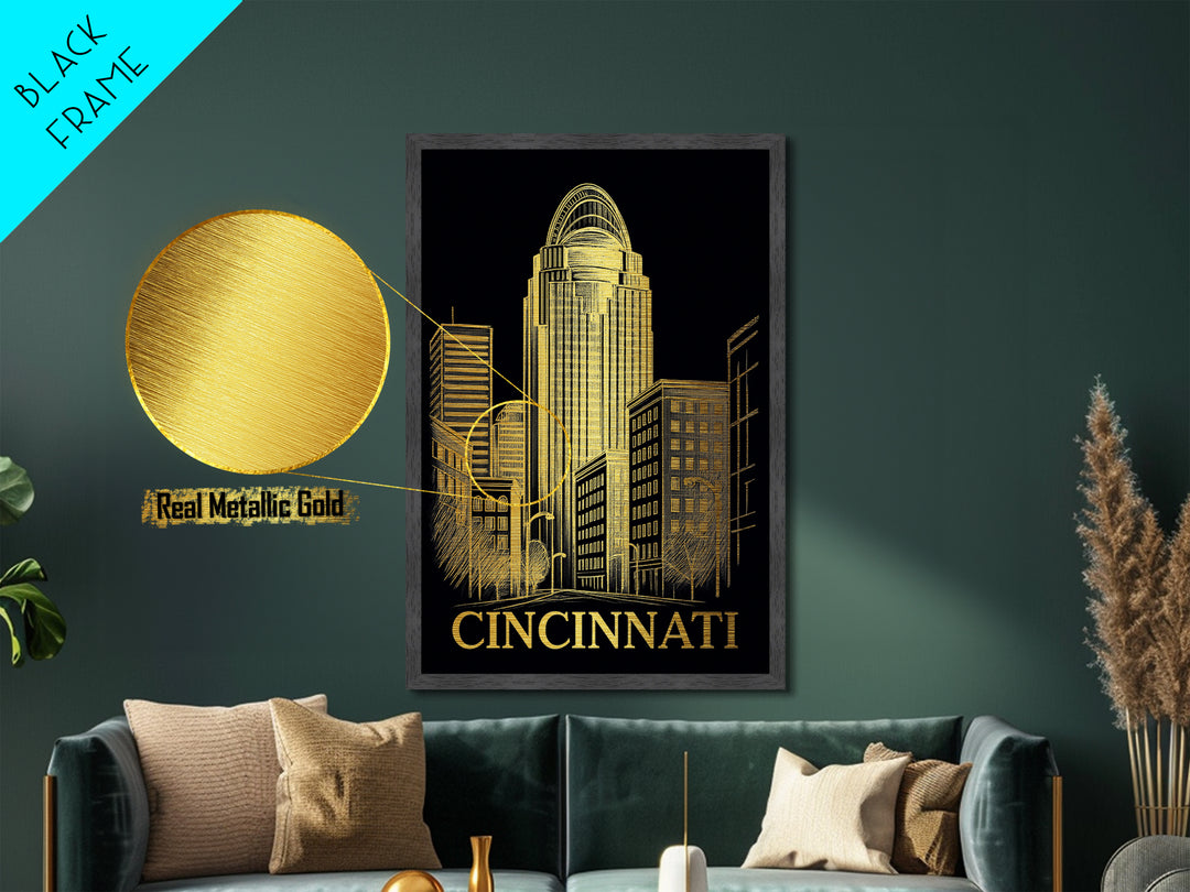 Cincinnati Ohio art, Metallic Gold Art, Travel Art Prints, Metal Art, Wood Framed Art, Adventure Lover Gift, Traveler Gift