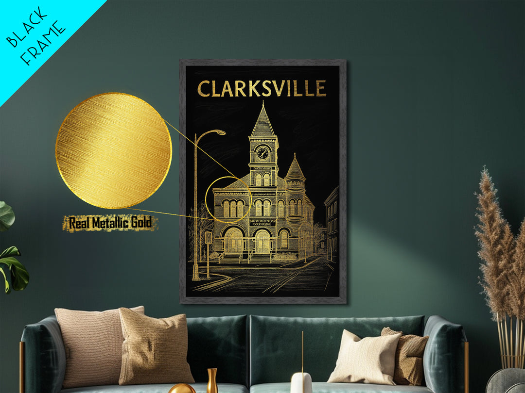 Clarksville Tennessee travel, Metallic Gold Print, Modern House Art, Metal Art, Wood Framed Art, Traveler Gift, Destination Gift