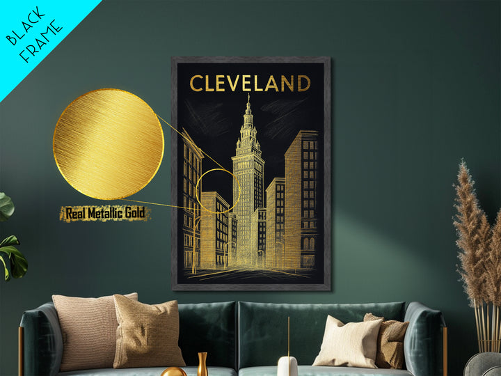 Cleveland Ohio travel, Metallic Gold Print, Modern Skyline Wall Print, Metal Art, Wood Framed Art, Adventure Lover Gift, Travel Gift