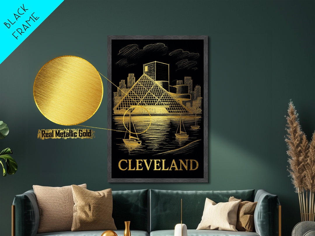 Cleveland Ohio art, Metallic Gold Art, Housewarming Gift, Metal Art, Wood Framed Art, Newlywed Travel Gift, Honeymoon Gift