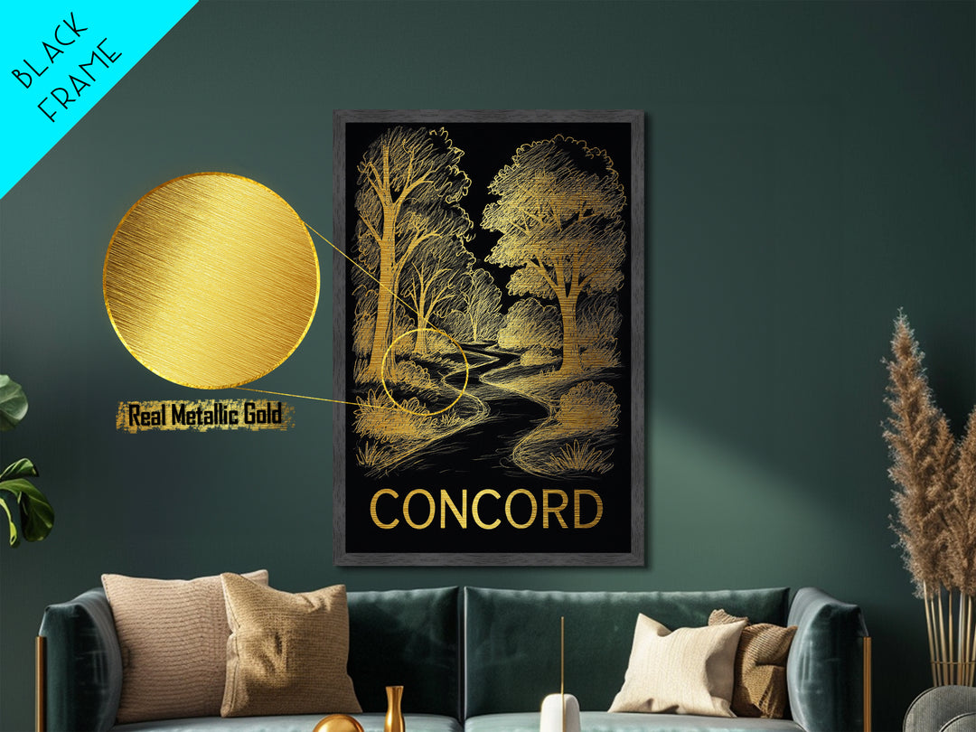 Concord North Carolina art, Metallic Gold Art, Office Decor, Metal Art, Wood Framed Art, Graduation Travel Gift, Destination Gift