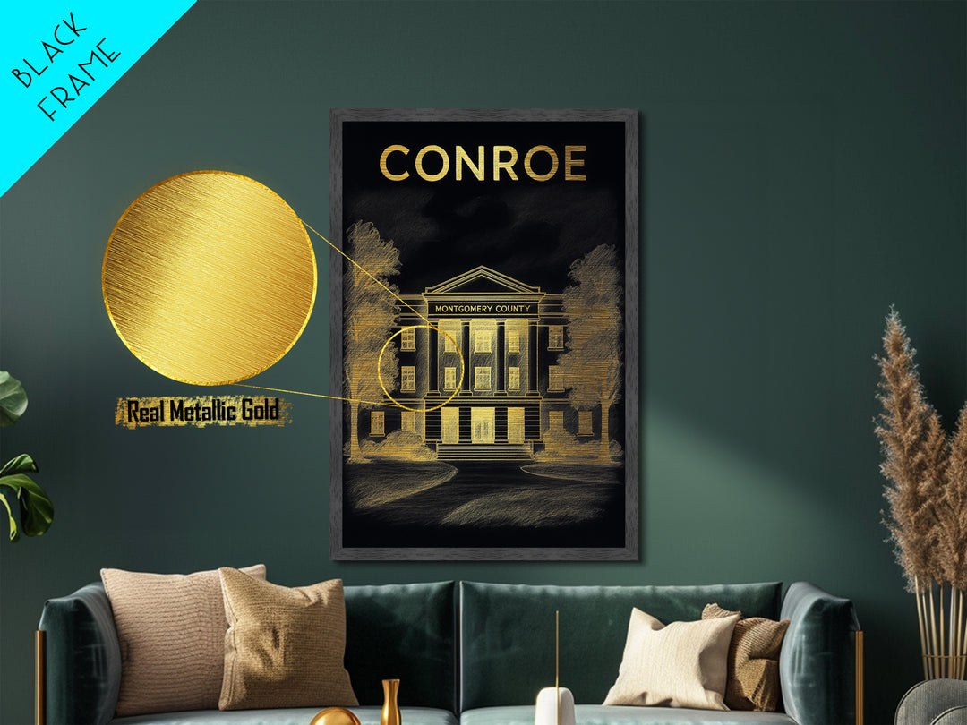 Conroe Texas travel, Metallic Gold Print, Modern House Art, Metal Art, Wood Framed Art, Wanderlust Gift, Travel Art Prints