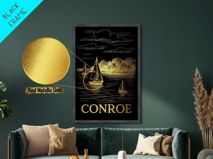 Conroe Texas art, Metallic Gold Art, Travel Art Prints, Metal Art, Wood Framed Art, Adventure Lover Gift, Traveler Gift